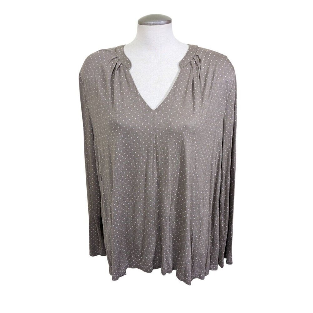 Old Navy Womens Blouse XXL Taupe Polka Dot Long Sleeve V Neck Lightweight Pleats